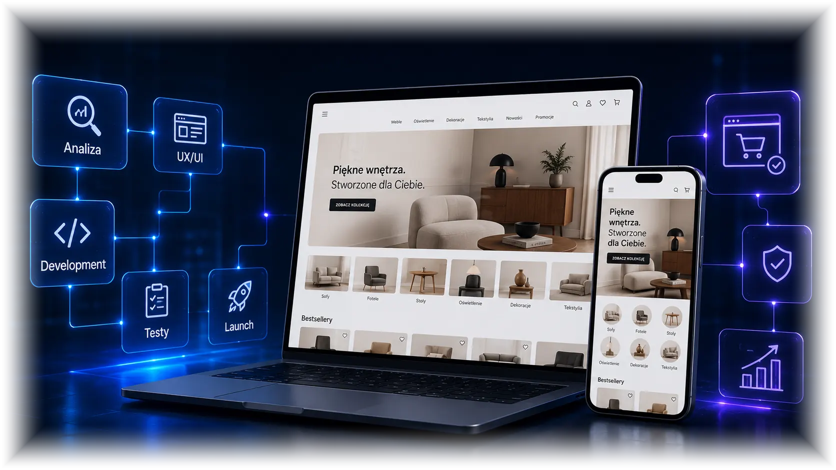 Sklep internetowy na laptopie i telefonie, obok etapy wdrożenia: analiza, UX/UI, development, testy, launch.